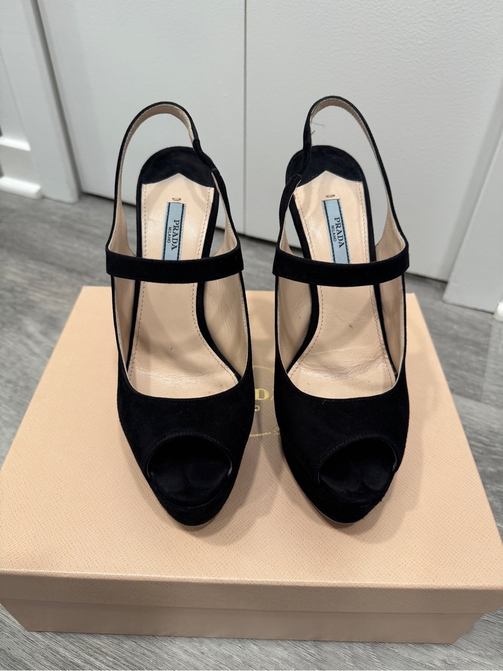 Prada Black Suede Peep-Toe Platform Slingback Heels